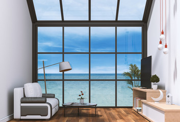 interior living room and sea landscape in glass wall. 3D render