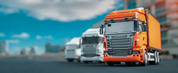 Orange and white truck parked in the city.
3d render and illustration.
