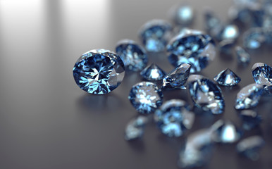 Blue diamonds placed on black background, 3D illustration.