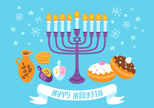 Jewish holiday Hanukkah greeting card design with menorah and sufganiyo