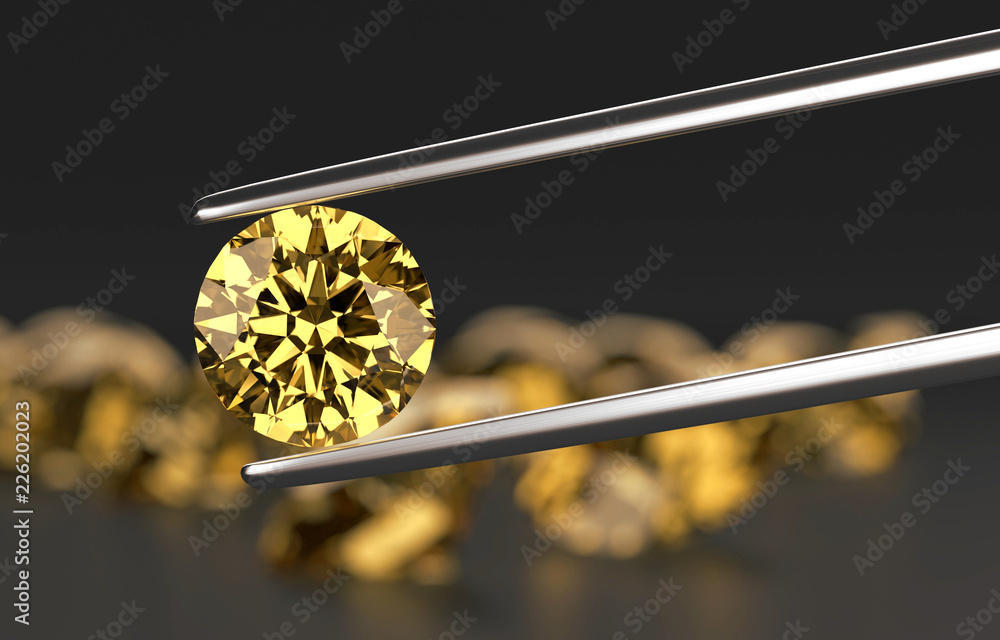 Poster amber diamond in tweezers with diamond bokeh background with 3d rendering