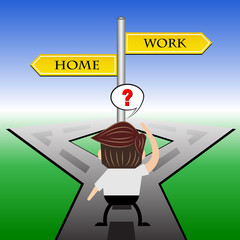Metaphor humour design, Businessman confused in front of a choice home or work.