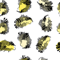 Abstract flowers seamless pattern. Flowers vector background in yellow with black line.