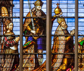 Stained glass window of Charles V and Isabella of Portugal