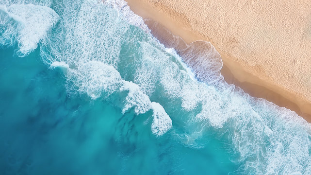 Beach and waves from top view. Turquoise water background from top view. Summer seascape from air. Top view from drone. Travel concept and idea