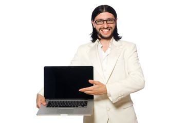 Young man with laptop isolated on white