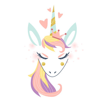White unicorn vector head with mane and horn on starry background.
