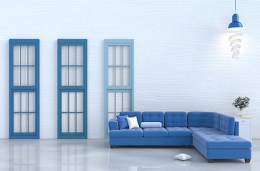 White living room decor with blue sofa,  white wood wall, pillow, bedside table, grey white  cement floor, white rose in glass vase. Christmas's day and new year. 3d render.