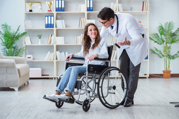 Disabled patient on wheelchair visiting doctor for regular check