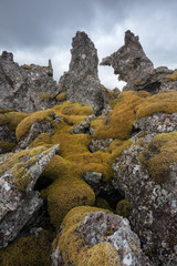 Bizarre Lavaformation mit Moos bewachsen