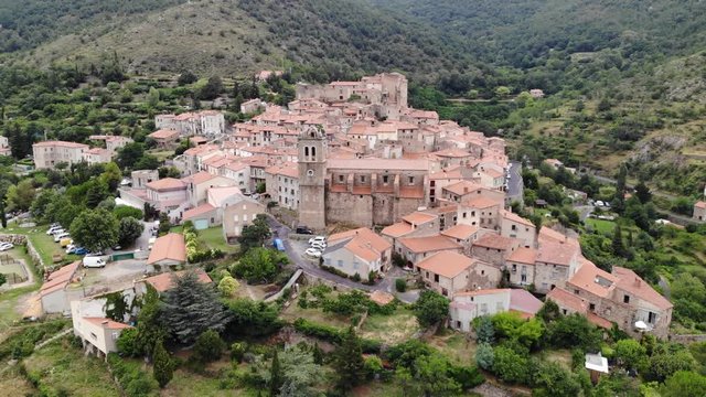 Aerial Drone Footage of the Small Mountain Village of Mosset in the Pyrenees-Orientales in the South of France
