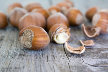 Hazelnuts in shells on the table