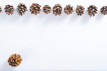 pine cones on white wood table, purity Christmas decoration