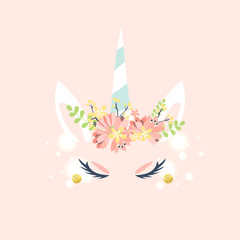 White unicorn vector head with mane and horn on starry background.