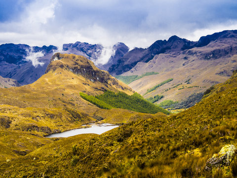 Ecuador, scenic landscape in Cajas National Park with ponds, mountains and pristine moorlands
