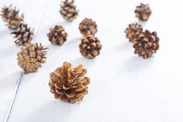 pine cones on white wood table, purity Christmas decoration