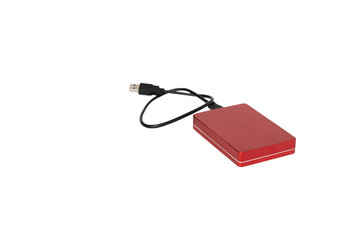 External hard drive red for data storage and security 1TB storage space on isolated white background with clipping path.