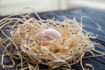 Naklejka na ściany i meble Egg in straw nest on black wooden desc