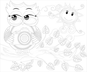 Doodles design of a photographer owl taking photo. coloring book for adult, card,poster,banner