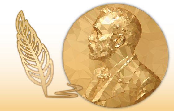 Nobel Literature award, gold polygonal medal and pencil symbol
