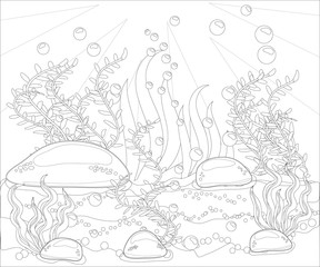 Fototapeta na wymiar Underwater world. Anti stress coloring book for adult. Outline drawing coloring page. Black and white in zentangle style. Sea, shells. Marine theme.