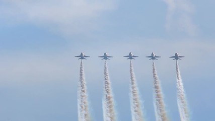 F-18 Fighter Jets Fly Vertically in Formation Off the Coast and are Admired Visually Through the Palm Trees