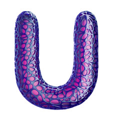 Purple plastic letter U with abstract holes. 3d