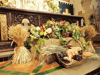 Traditional harvest festival altar in English Anglican church