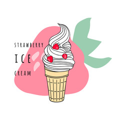 Strawberry ice cream. Sweet dessert in the cone with strawberries. Hand drawn vector illustration.
