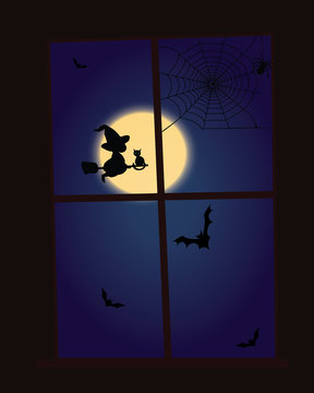 Scary Halloween Window Scene with Bats and Spiders