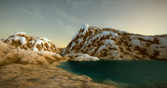 Extremely detailed and realistic high resolution 3d illustration of a mars like landscape with water