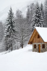 Fotobehang Chalet in de winter © Kartouchken