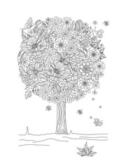 fancy floral tree with flying butterflies for your coloring book