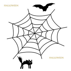 Halloween and spiderweb, cat, bat