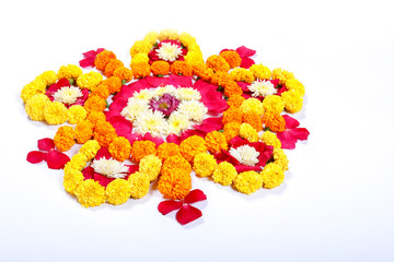 Marigold Flower rangoli Design for Diwali Festival , Indian Festival flower decoration