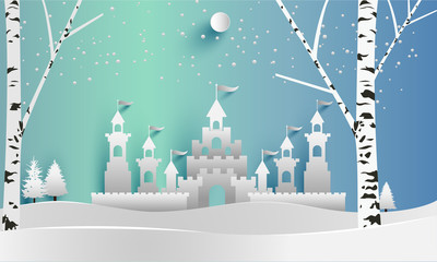 Castles and snow in the winter. Illustration of the beauty of the castle with the concept of paper art