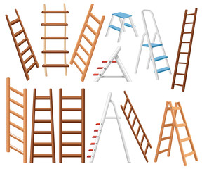 Collection of metal and wooden ladders. Different types of stepladders. Flat vector illustration isolated on white background