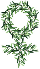 Feminism symbol with watercolor green olives brunches