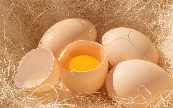 Fresh chicken eggs on the background of natural hay. Organic Food