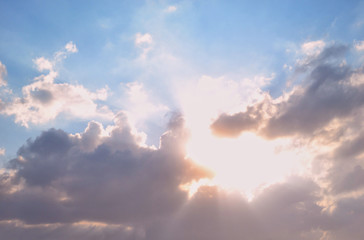 Beautiful big clouds (clouds) in the blue sky. Dawn, sunset, weather.Nature background.