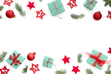Christmas Background With Small Christmas Gifts, Balls, Stars And Pine Twigs