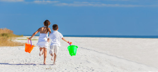 Children, Boy Girl Brother Sister Running Playing on Beach