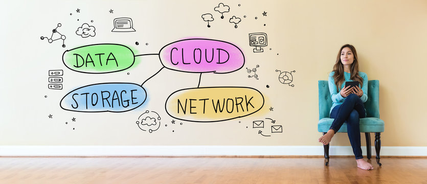 Cloud computing concept with young woman holding a tablet computer