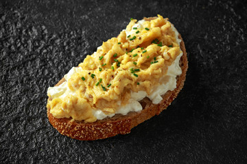 Vegetarian Healthy bread toasts with cottage cheese, scrambled eggs