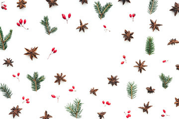 Christmas Background With Red Berries, Anise Stars And Green Twigs