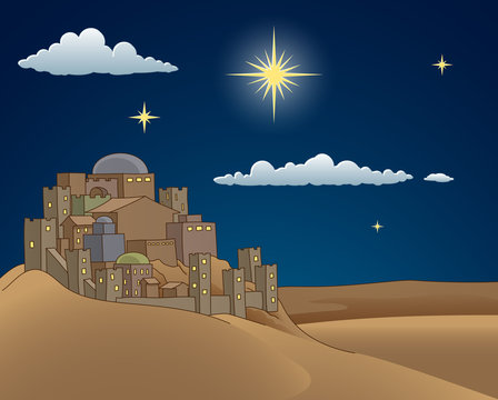 A Christmas nativity scene cartoon, with the City of Bethlehem and the star above. Christian religious illustration.