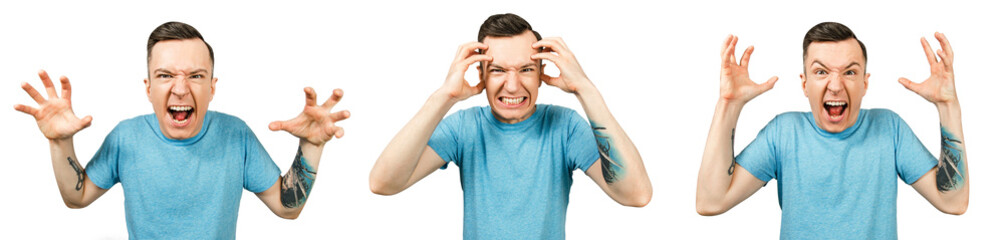 Set of portraits of young guy with different emotions isolated on a white background.