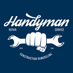 Handyman label, badge, emblem, design element. Tools silhouettes. Carpentry related vector vintage illustration.