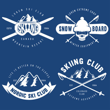 Set of vintage snowboarding, ski or winter sports logos, badges, emblems and design elements. Vector illustration. Color Graphic Art.