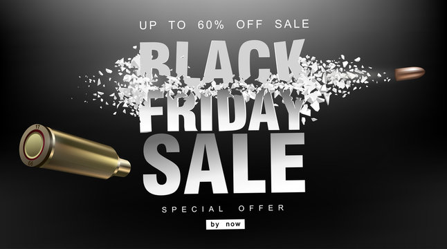 Black Friday sale. Blast wave with flying particles. Shot at prices with a flying bullet, creative template.